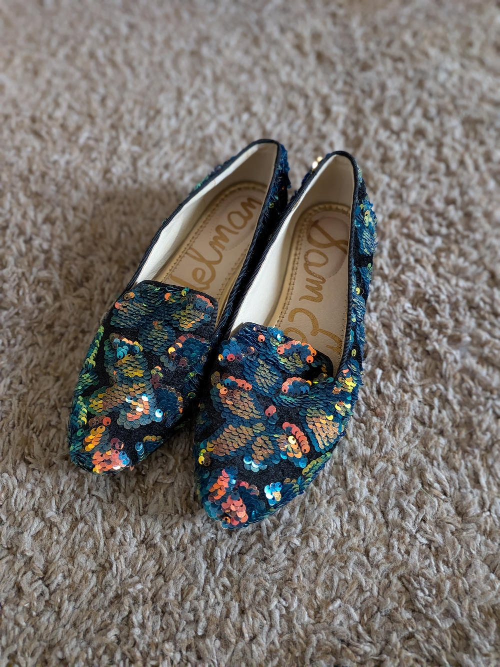 Sam Edelman Navy Sequin Pointed Flats with Multicolor Accents